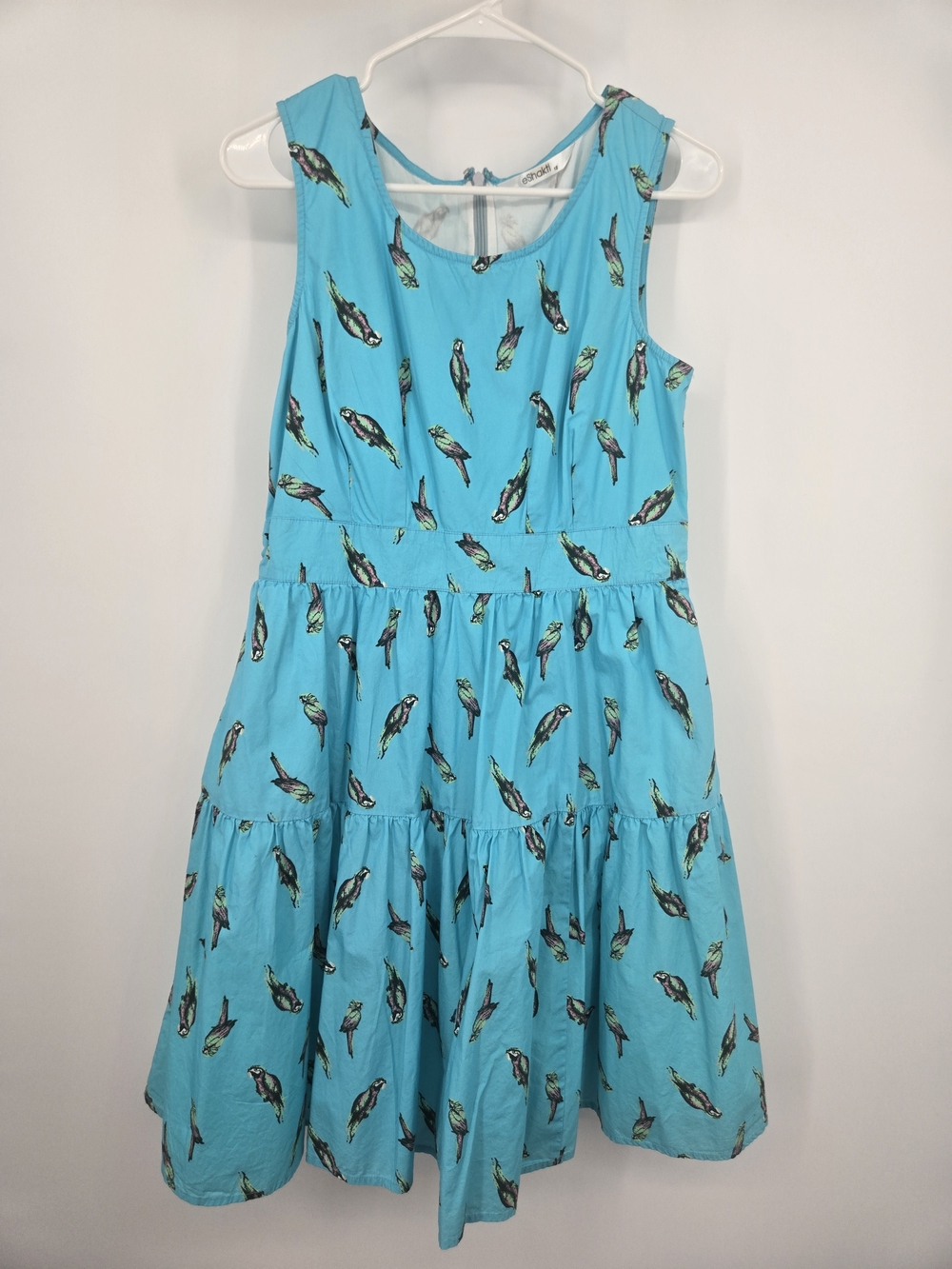 eshakti Turquoise Sleeveless Parrot Print Tiered Fit & Flare Dress Size 12 6738